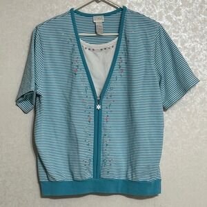 Koret Francisca Striped Embroidered Floral 2-in-1 Cardigan Top Teal White VTG L